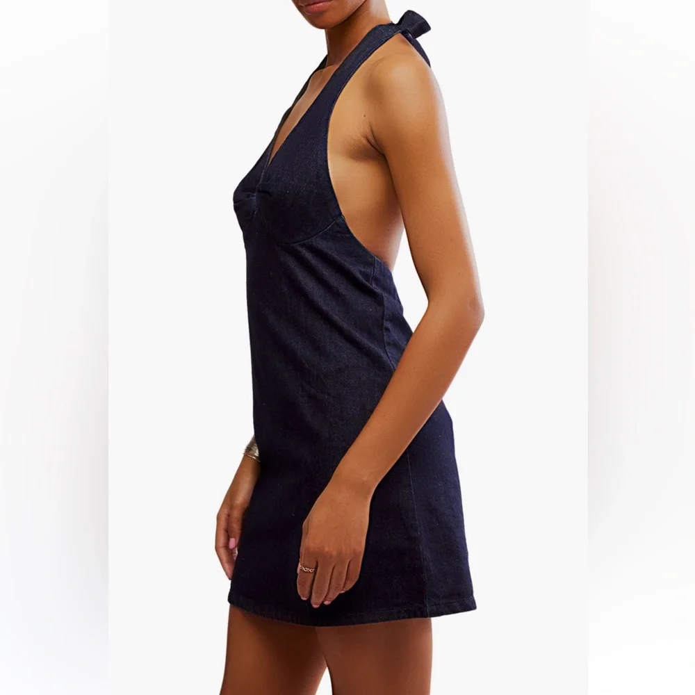 NWT FREE PEOPLE TREVI denim Navy Halter Backless Mini Dress L - Picture 3 of 10